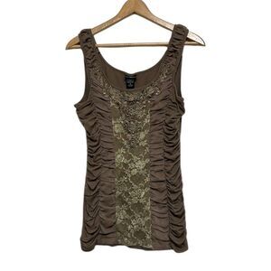 Y2K Vintage Tank Top Women's Size Medium Brown Lace Round Neck Daytrip